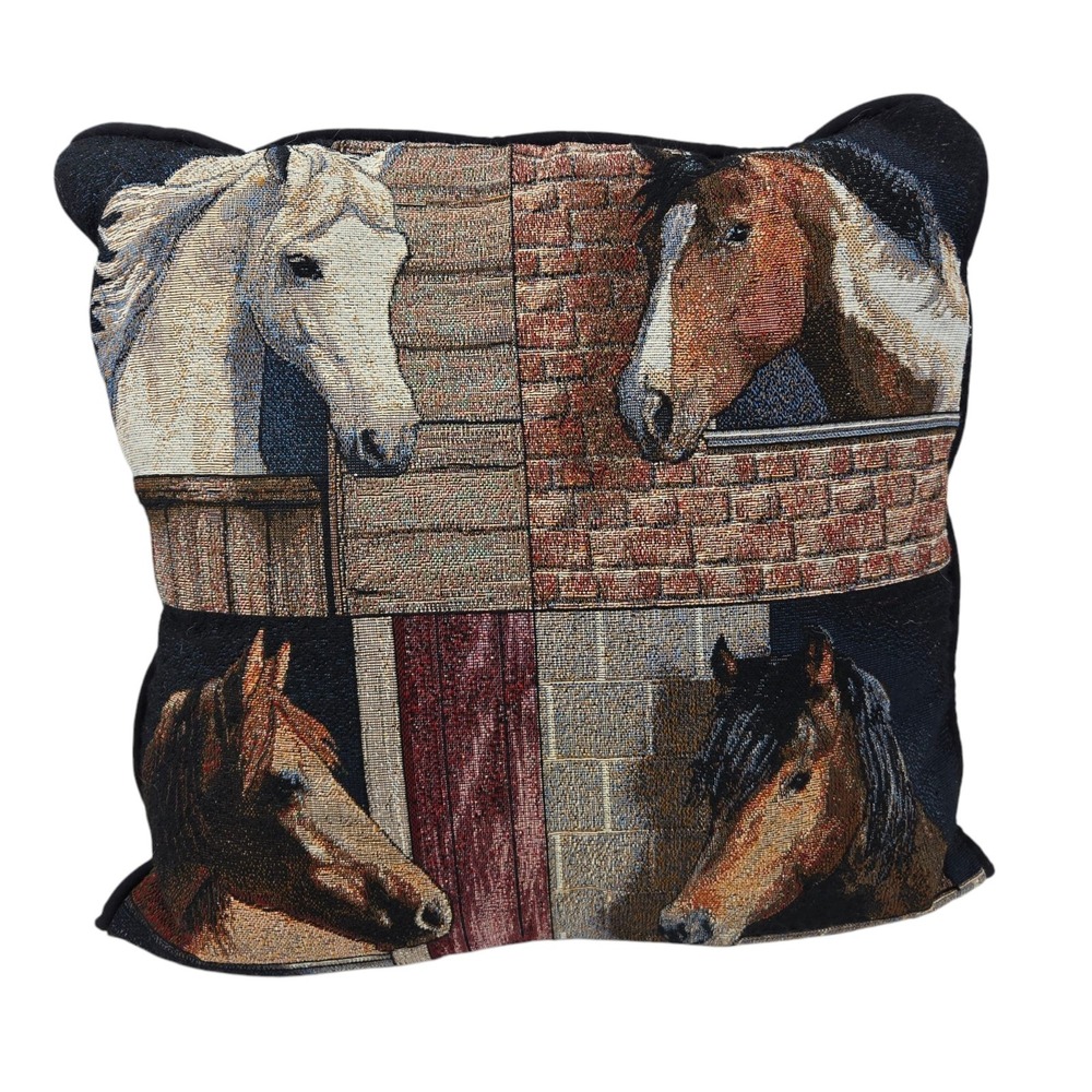 Vintage Julianna James Tapestry Pillow Horses In Stables Equestrian Decor 16x16